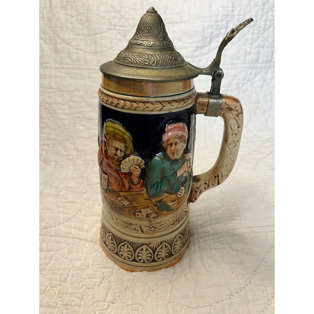 Vintage German Style Beer Stein Lidded Ceramic Tavern Card Players Castle Relief
